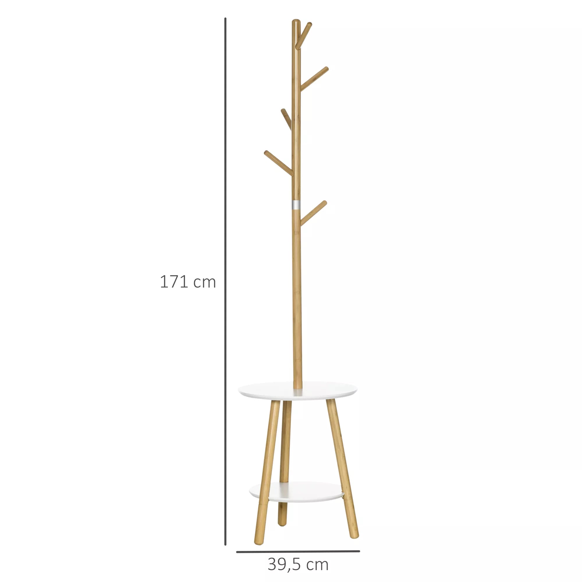Skandinaviško stiliaus drabužių stovas su pagalbiniu staliuku, 5 kabliukai, 39,5 cm x 39,5 cm x 171 cm, natūralus + baltas