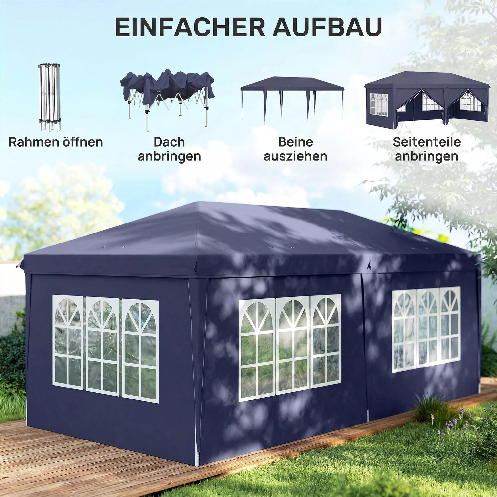 Sulankstomas paviljonas 6 x 3 m, nuimamos šoninės sienos, dideli langai, užtrauktukinės durys, plieninis rėmas, mėlynos spalvos
