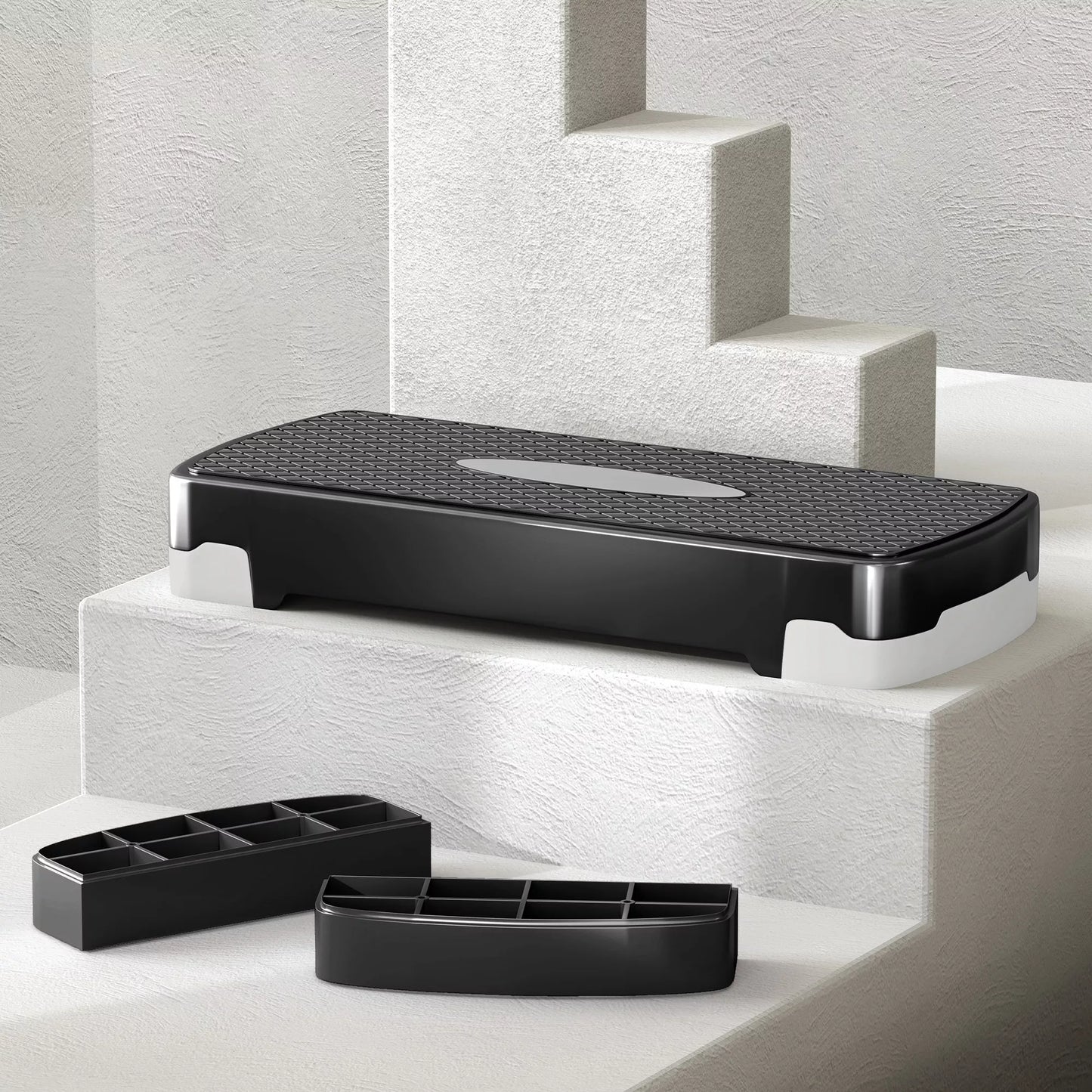 Aerobikos pakyla 2 pakopų, reguliuojamas aukštis 10-15cm, neslystantis treniruočių laiptelis, mini pakyla namams, biurui, juoda+pilka