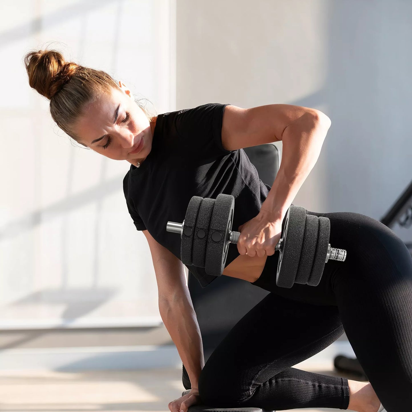 Hantelių rinkinys 25KG su svoriais, skirtas namams, biurui, sporto salei, plienas, dirbtinė oda, juodas