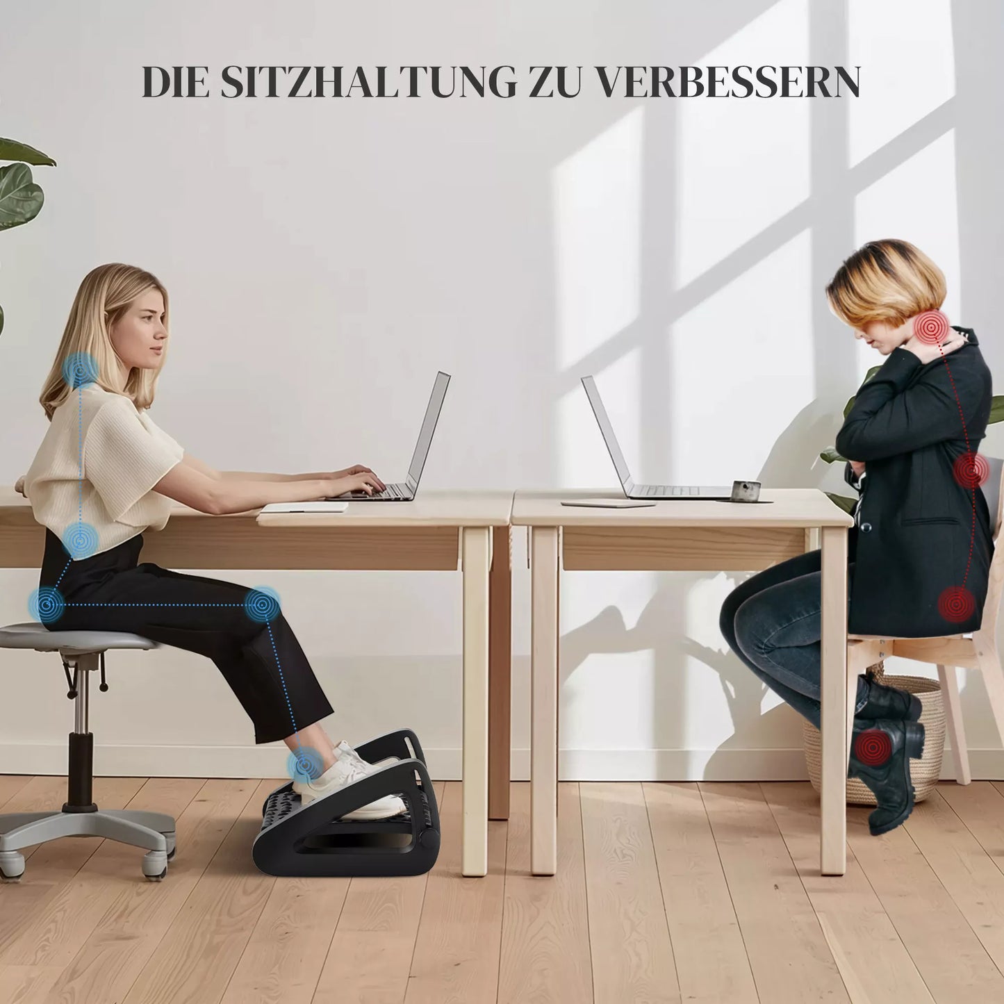 Kojų atrama stalui, aukščio reguliuojama pakoja su masažo paviršiumi ir ratukais, plastikas, juoda