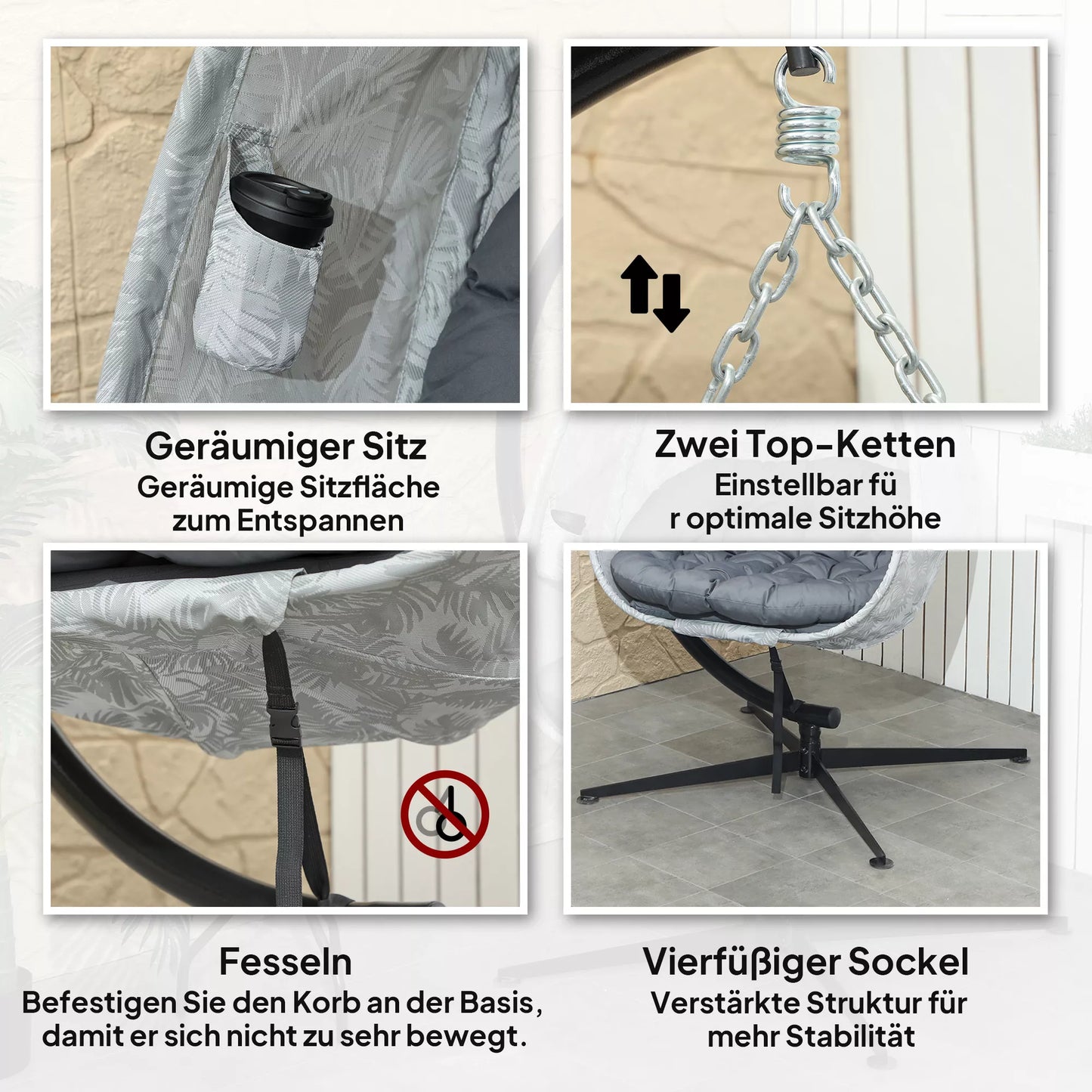 Kiaušinio formos lauko kabamasis krėslas, kabamoji sūpynė su stovu, sėdynės pagalvėlės, viduje ir lauke