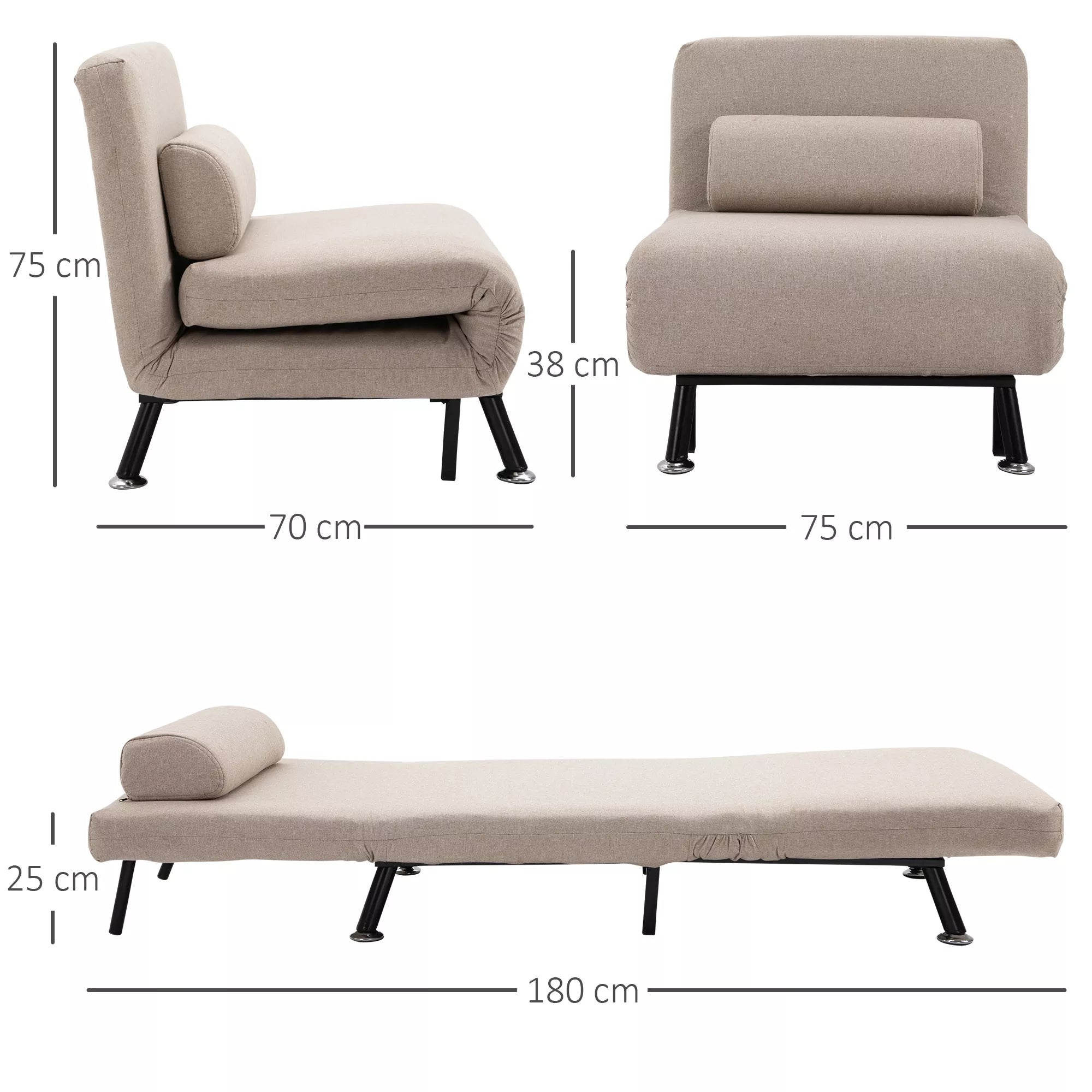 Schema su fotelio matmenimis: 75 × 70 cm, aukštis 75 cm, ištiesta 180 cm