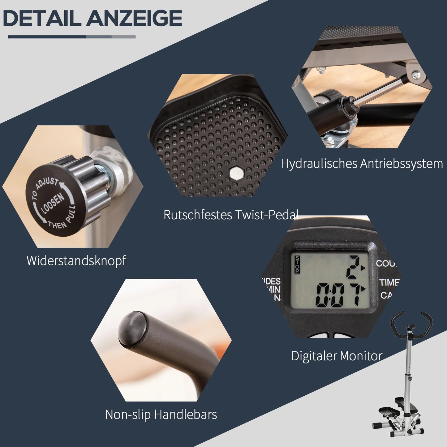 Namų treniruoklis-steperis su LCD ekranu, reguliuojamas greitis, metalas, ABS, 55 x 53 x 118–128 cm