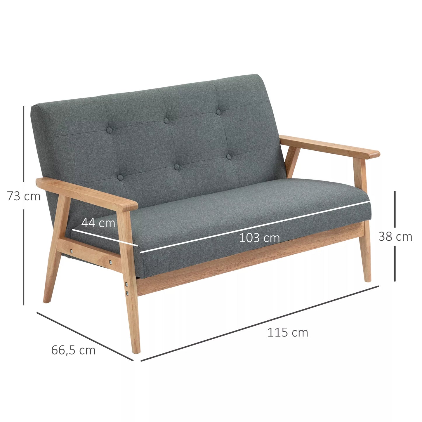 2 vietų sofa, 115 cm ilgio sofa su porankiais, atlošu, Maža minkšta sofa su linine išvaizda, medinės kojos, Minkšta svetainės, miegamojo poilsio sofa, Tamsiai pilka