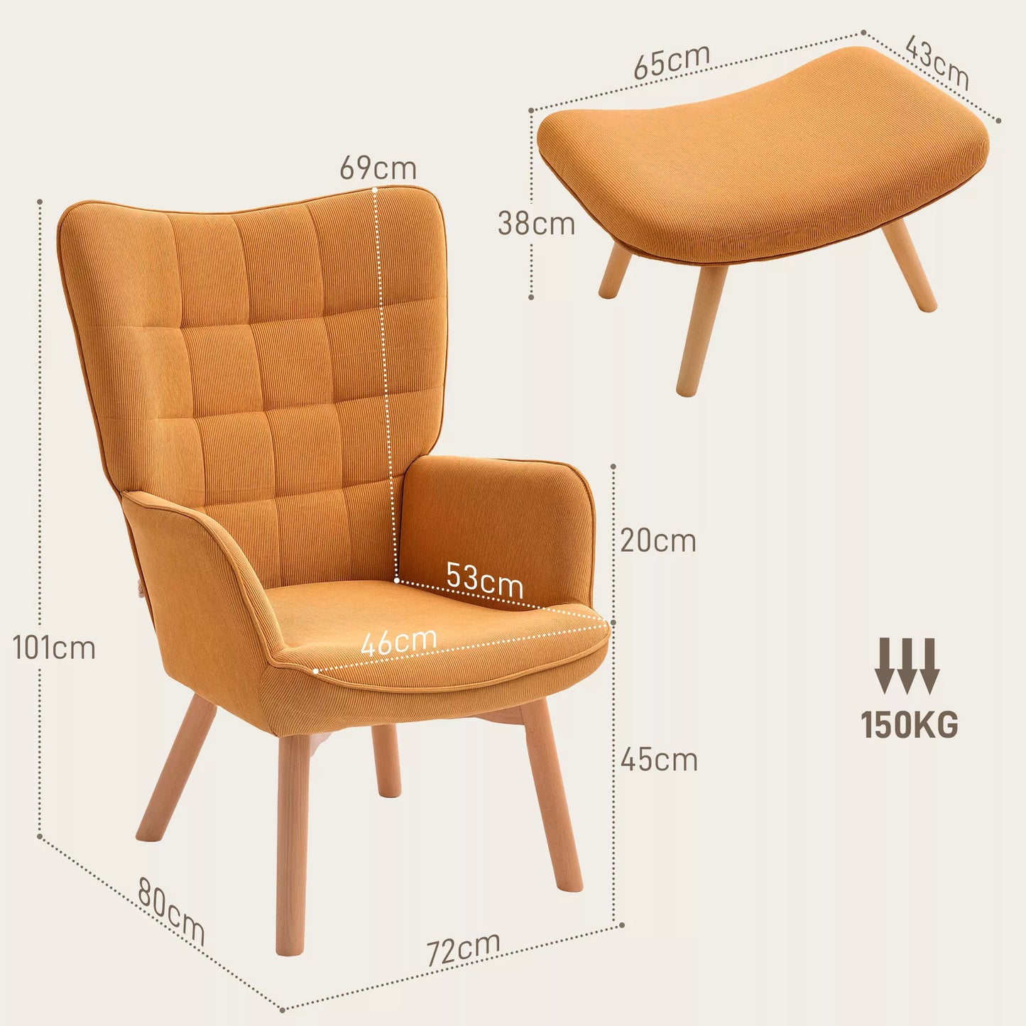 Akcentinis fotelis su taburete, poilsio fotelis su velveto apmušalu, fotelis su medinėmis kojomis, skirtas svetainei, rudos spalvos