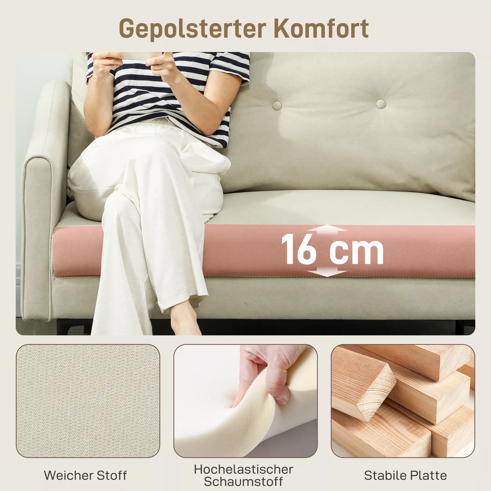 Dvivietė sofa su metalinėmis kojelėmis, kreminė balta