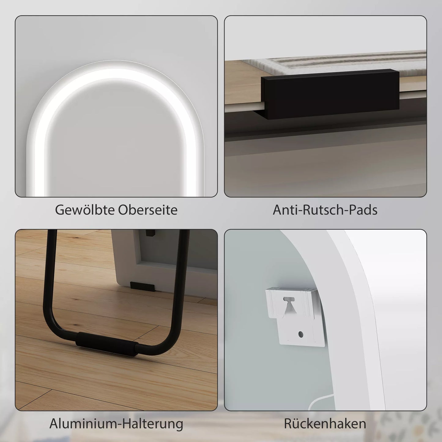 Viso veidrodis su LED apšvietimu, 150 x 40 cm, lankstytas, pritemdomas, 3 spalvų apšvietimas, pastatomas arba tvirtinamas ant sienos, baltas