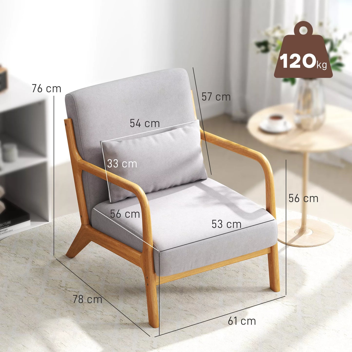 Elegantiškas svetainės fotelis su mediniu rėmu ir putplasčio užpildu, aksomo išvaizda, skirta svetainei, miegamajam, pilkos spalvos