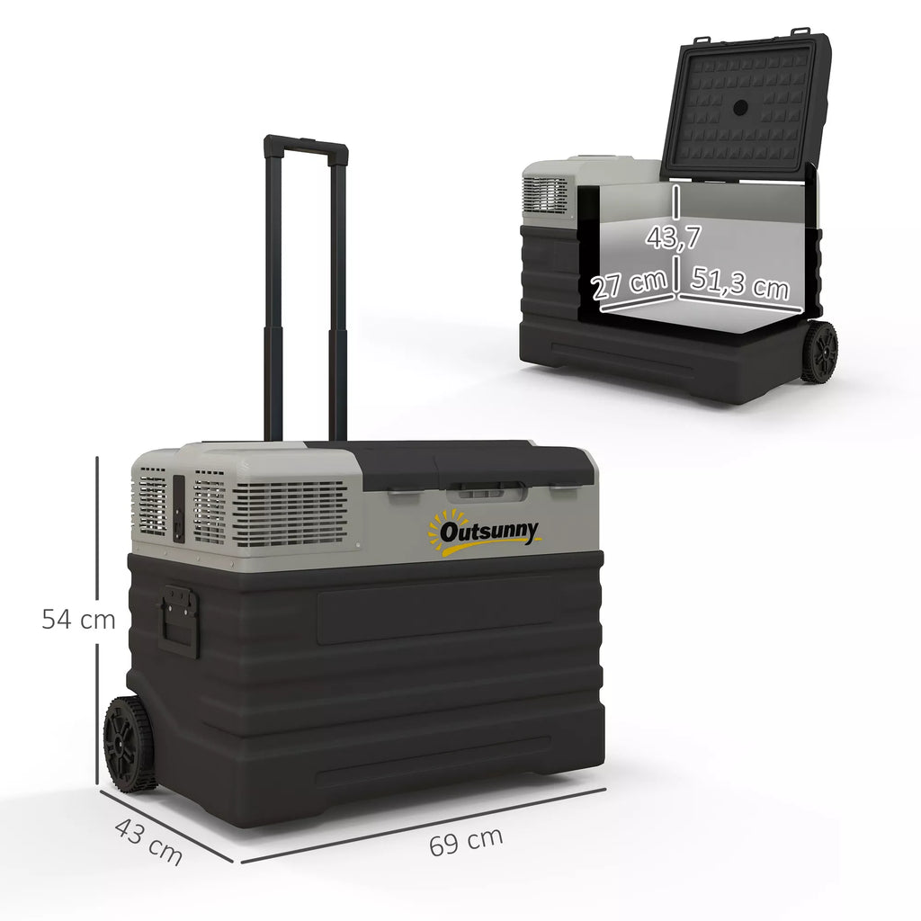 Automobilinis šaldytuvas, šaldymo dėžė, mobilus, 56 l, nuo -20 °C iki 20 °C, 69 x 43 x 54 cm, juodos/pilkos spalvos