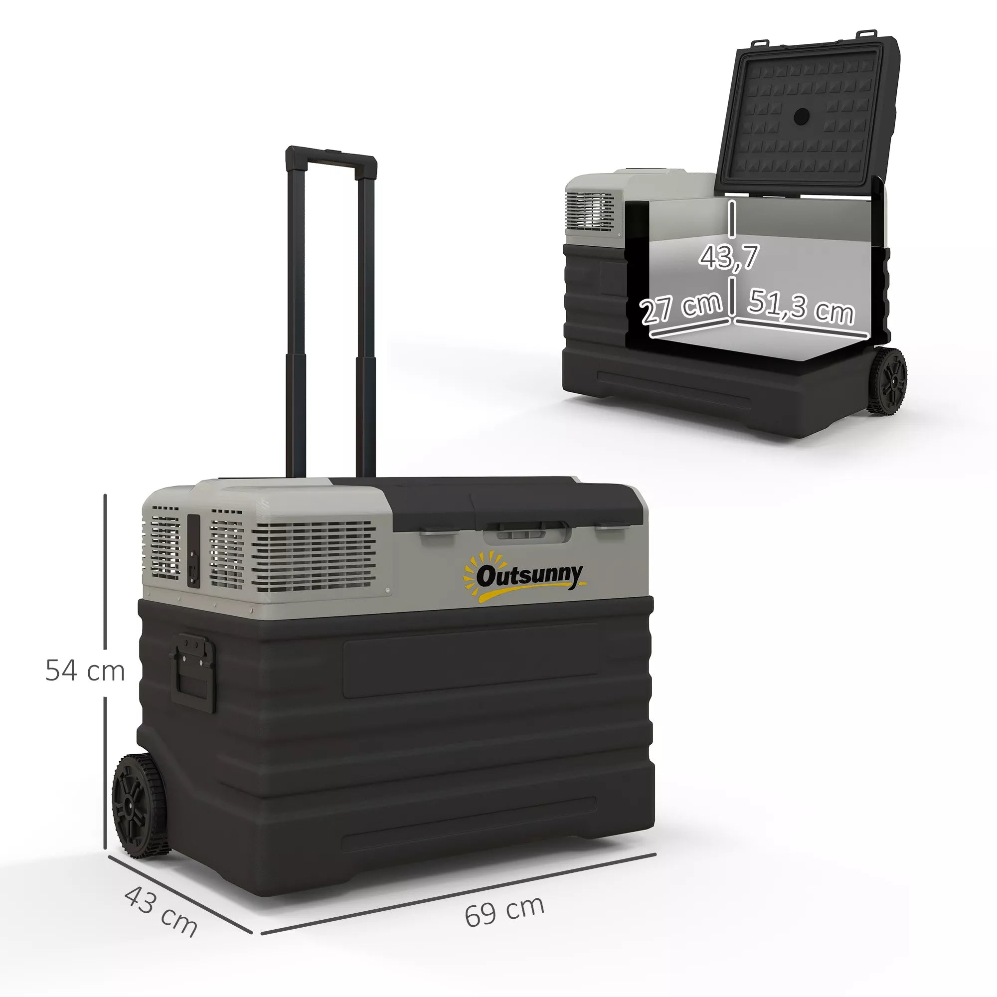 Automobilinis šaldytuvas, šaldymo dėžė, mobilus, 56 l, nuo -20 °C iki 20 °C, 69 x 43 x 54 cm, juodos/pilkos spalvos