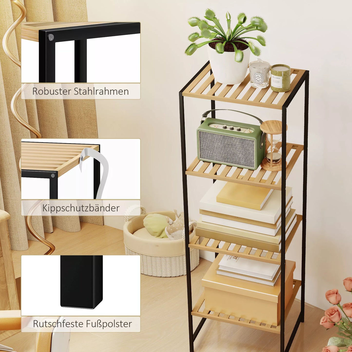 Pastatoma lentyna, 4 aukštų vonios lentyna, knygų lentyna, bambukas ir plienas, 36,5x33x110 cm, natūrali