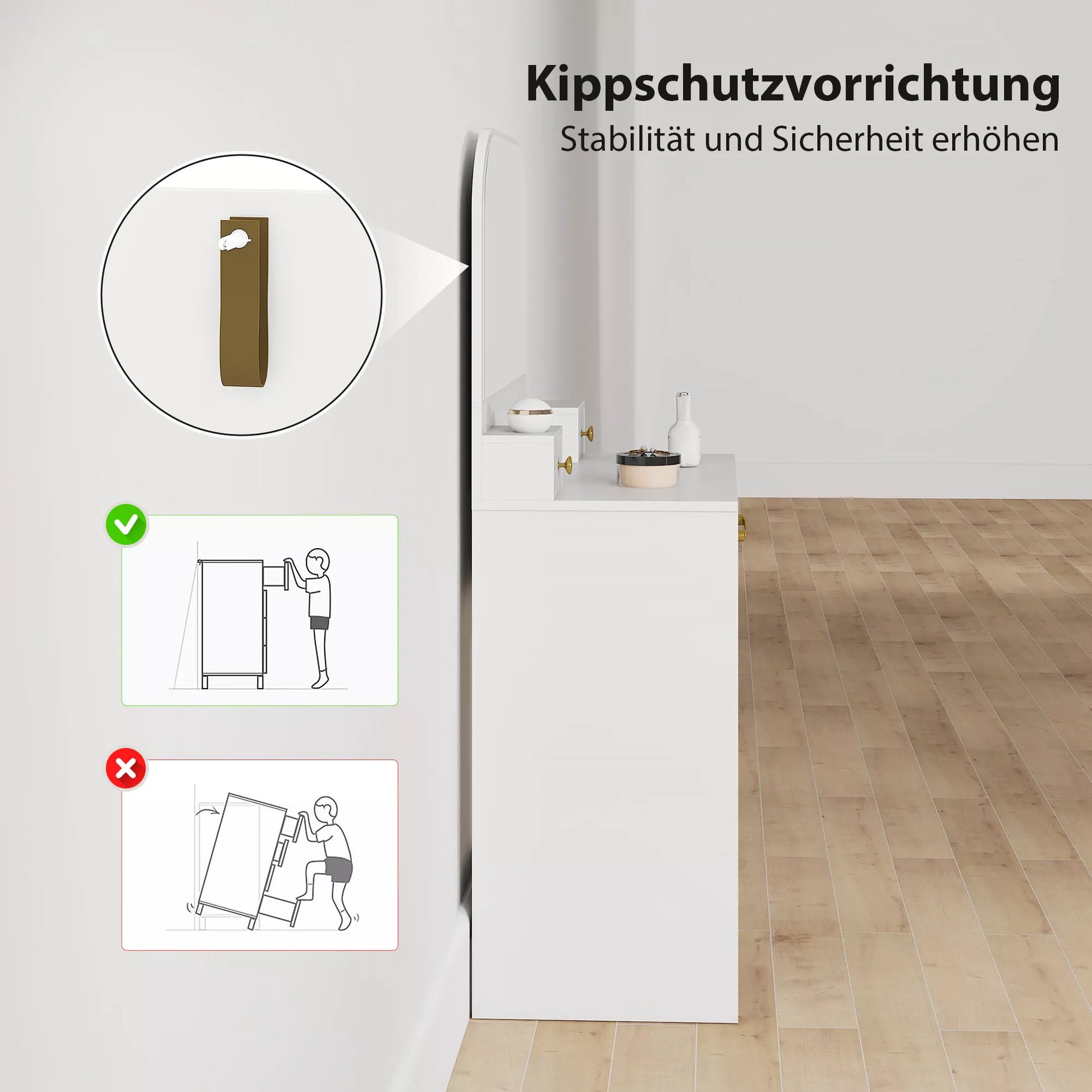 Kosmetinis makiažo staliukas su veidrodžiu ir 3 stalčiais, mdf ir pušies mediena, 80x40x130 cm, balta
