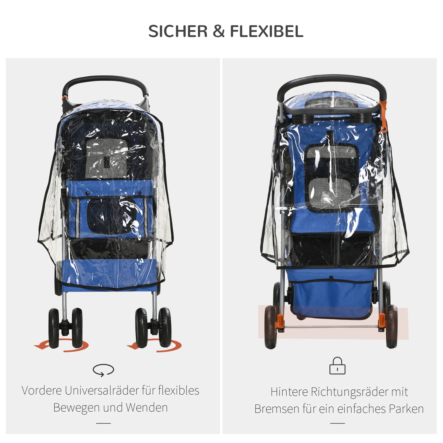 Šunų vežimėlis iki 10 kg, sulankstomas, su apsauga nuo lietaus, apatiniu krepšiu, 2 puodelių laikikliais, 75 cm x 45 cm x 97 cm, mėlynas