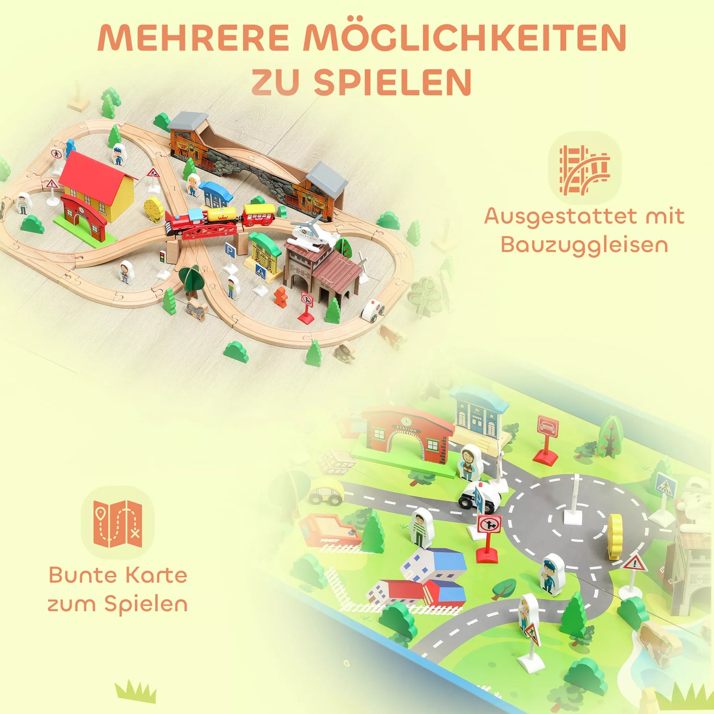 Žaidimų stalas, 108 dalių medinis traukinio rinkinys, su nuimama stalo plokšte, traukinių stalas, 98x60,5x40 cm, mėlynas