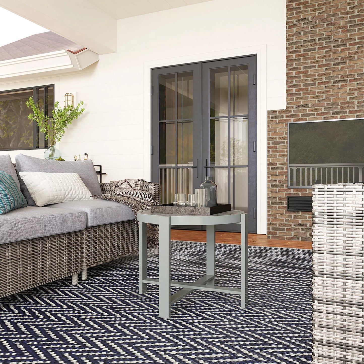 Apvalus lauko staliukas, atsparus oro sąlygoms, aliumininis balkono staliukas su pilka marmuro išvaizda