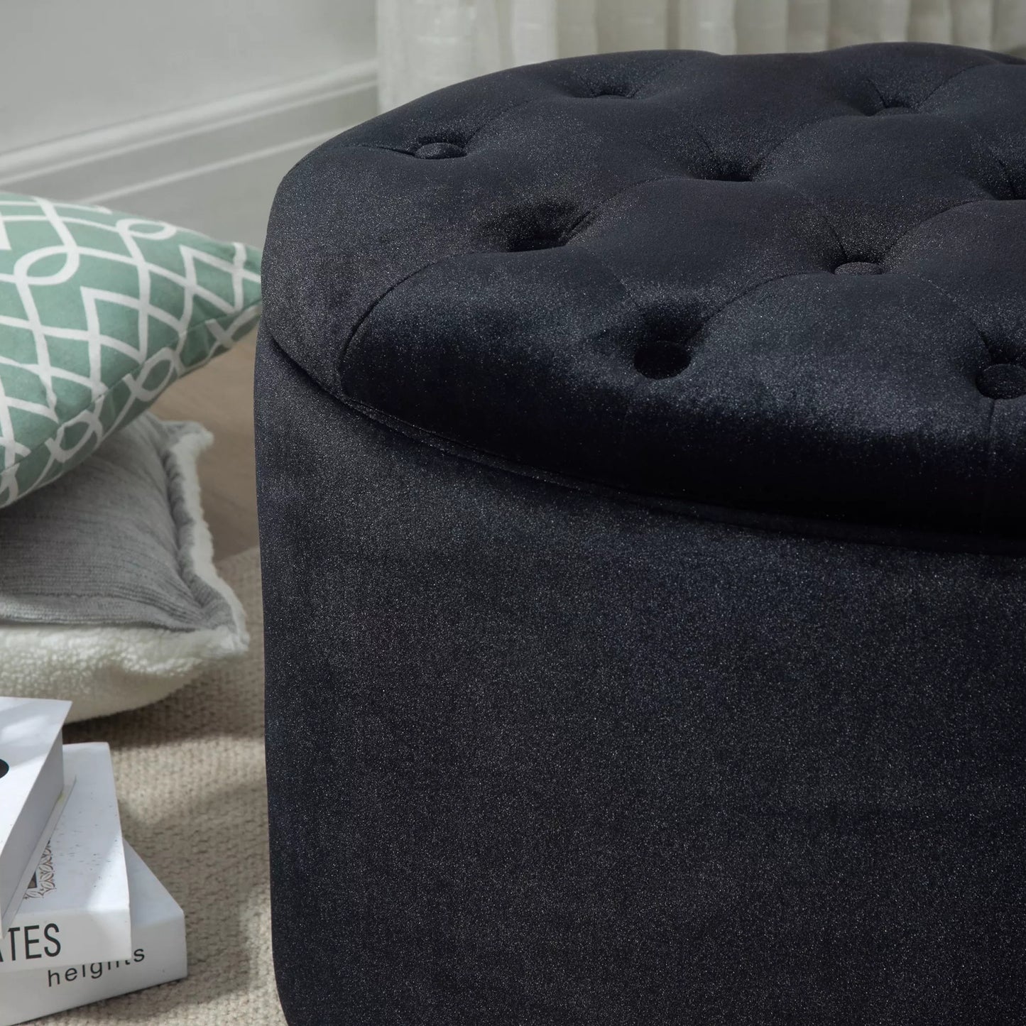 Suolas su daiktadėže, paminkštintas suolas su aksomo išvaizda, ovalo formos sandėliukų suolas svetainei, miegamajam, koridoriui 71 x 52 x 42 cm, juodas