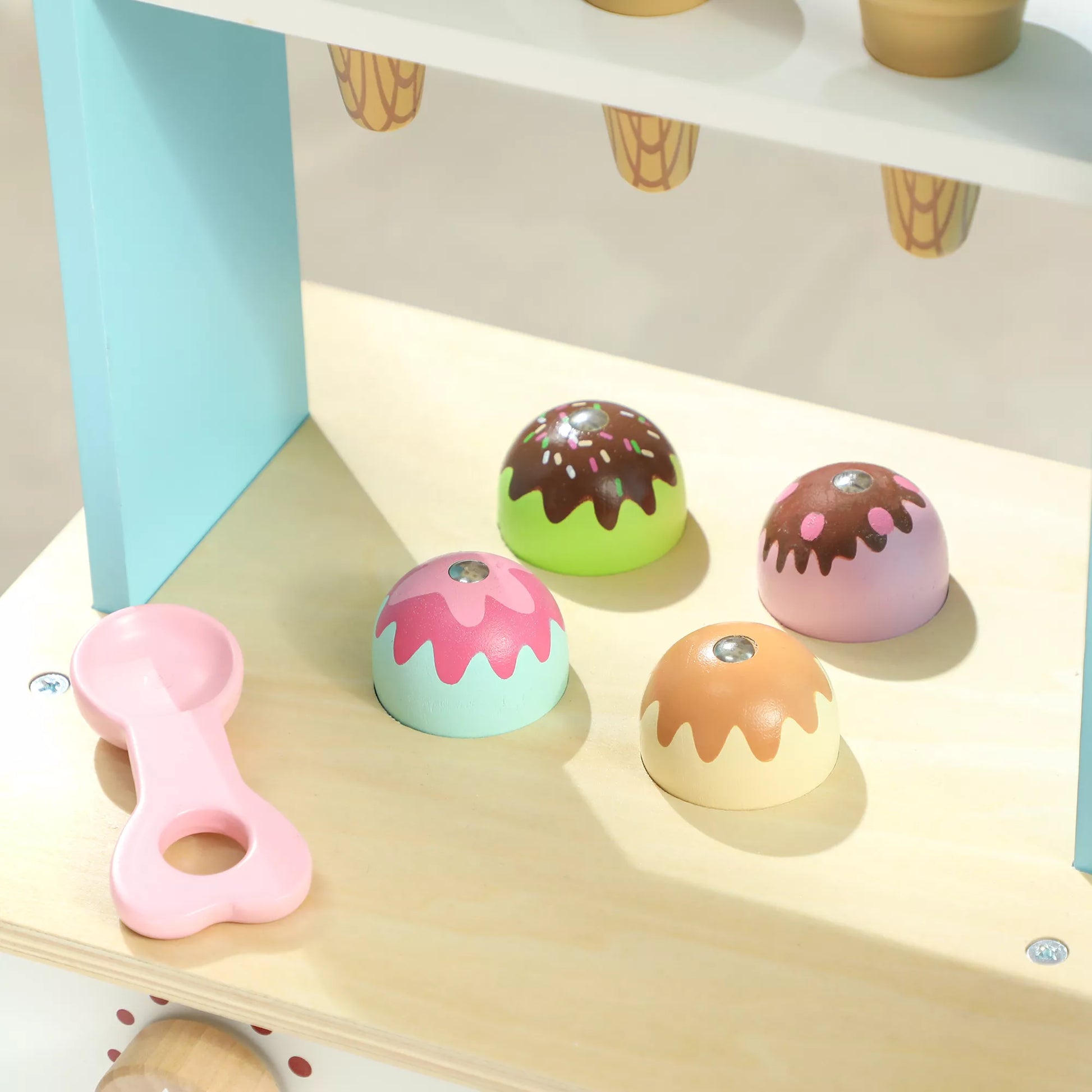 Ledukai transportavimo priemonė Ledų parduotuvei, vaikams, 17 vnt. Ledų rinkinys vaikų virtuvei su 17 priedų, orkaitė, MDF, šviesiai mėlyna