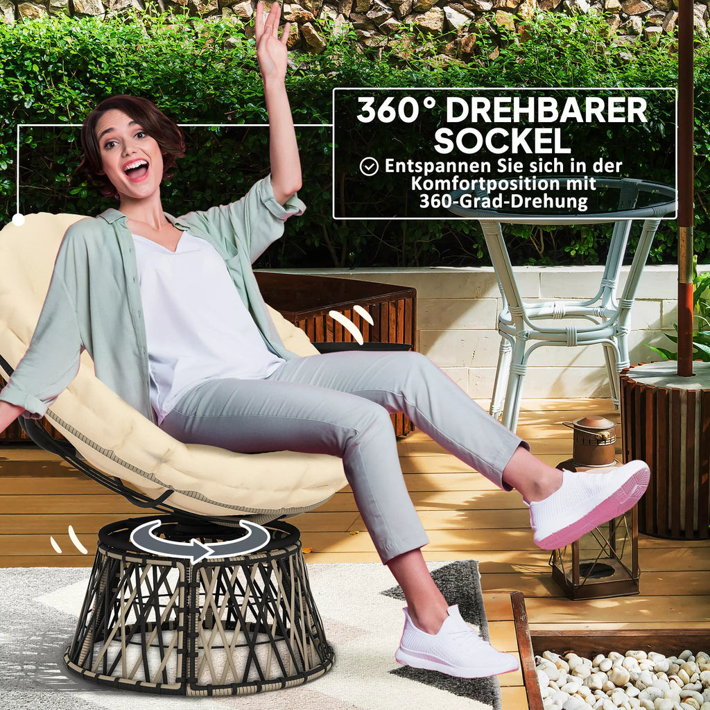 Papasansessel Rattan 360° sukiojamas krepšinio kėdė su pagalvėle Skersmuo 90 cm apvalus smėlio spalvos