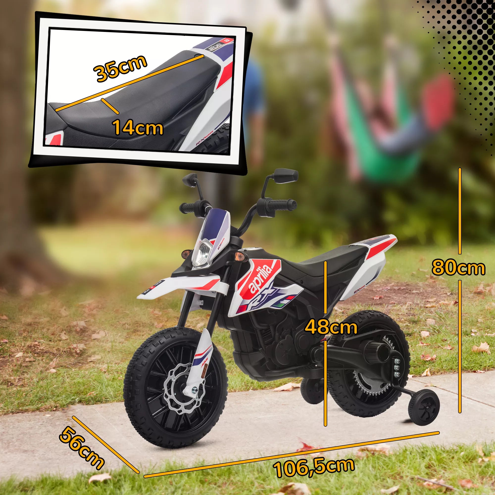 12 V vaikų motociklas su pagalbiniais ratais, LED žibintais, muzika, USB, elektrinis motociklas berniukams ir mergaitėms, baltas