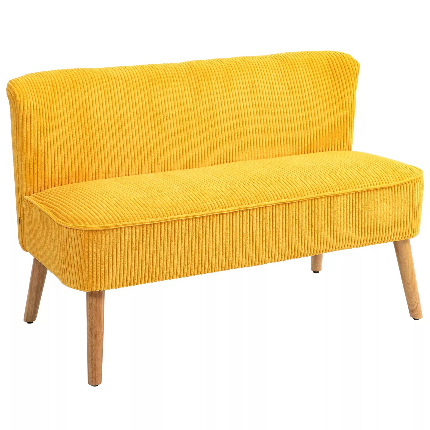 Dviejų vietų sofa, elegantiškas skandinaviškas dizainas, masyvus medinis rėmas, iki 150 kg, 117 x 56,5 x 77 cm, geltona.