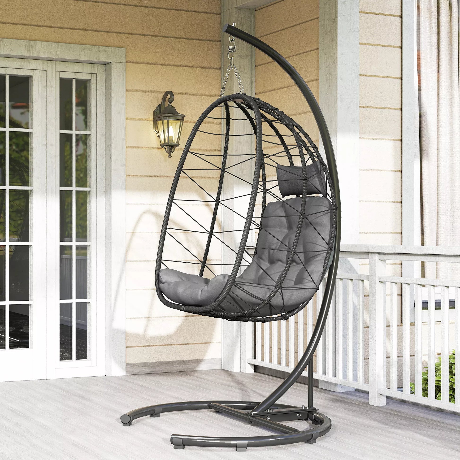 Kabinamas kėdė Lauko kabinama kėdė „Egg Chair“, atspari atmosferos poveikiui, su pagalvėle, 102 cm x 102 cm x 195 cm, tamsiai pilka