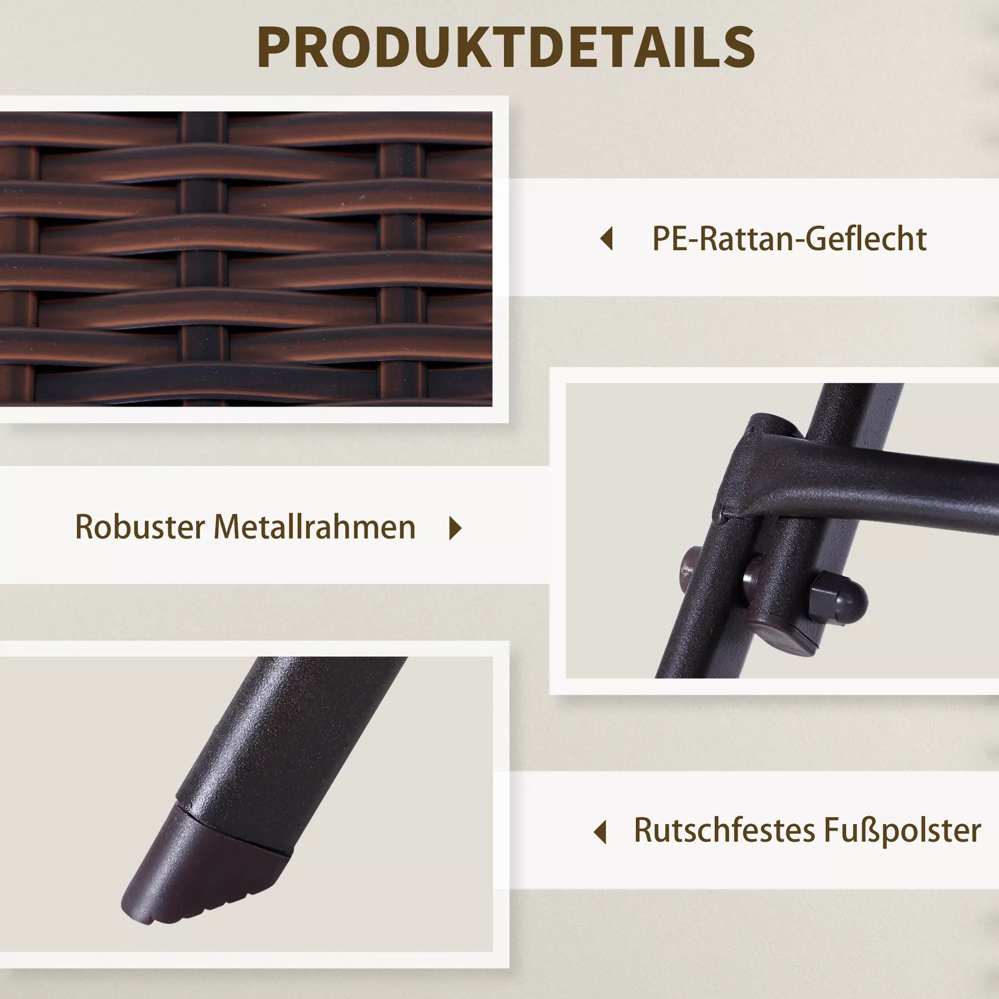 Rudo rotango komplekto detalės: pynė, metalinis rėmas ir kojelė