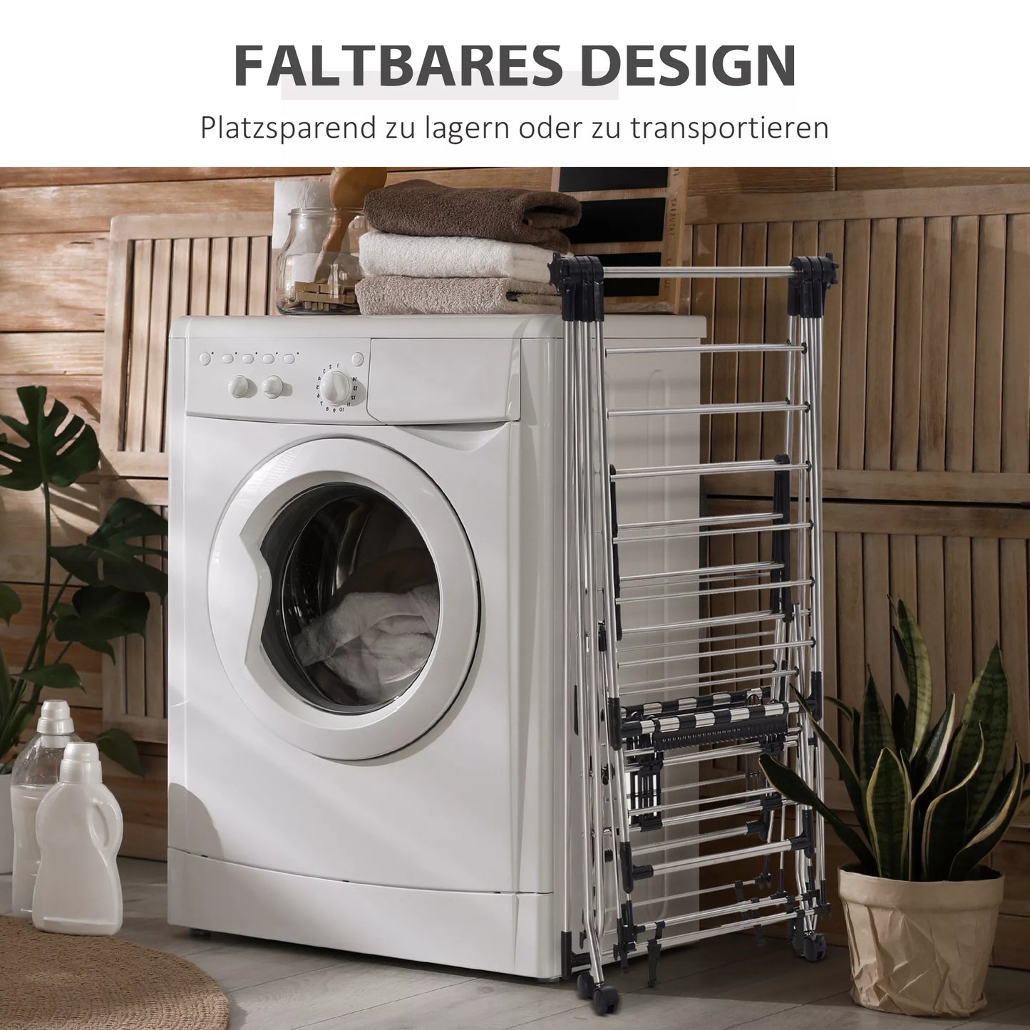 HOMCOM Drabužių džiovykla 1,385 m džiovinimo ilgio, nešiojama stovimoji džiovykla su teleskopinėmis atramomis, ratukais ir stabdžiais, skalbinių džiovintuvas sparneliais, vidui ir laukui, sidabrinė+juoda