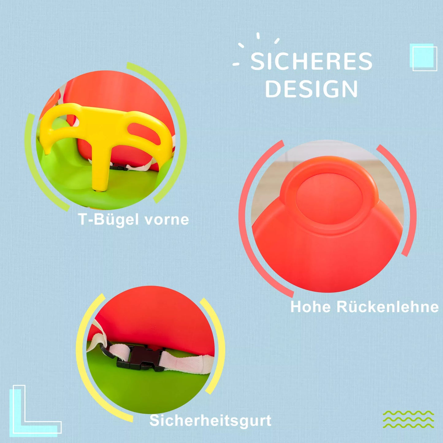 3in1 kūdikio sūpynės, saugos diržas, reguliuojamo ilgio virvės, tinkamos naudoti viduje ir lauke, žalios, 48 x 34 x 180 cm