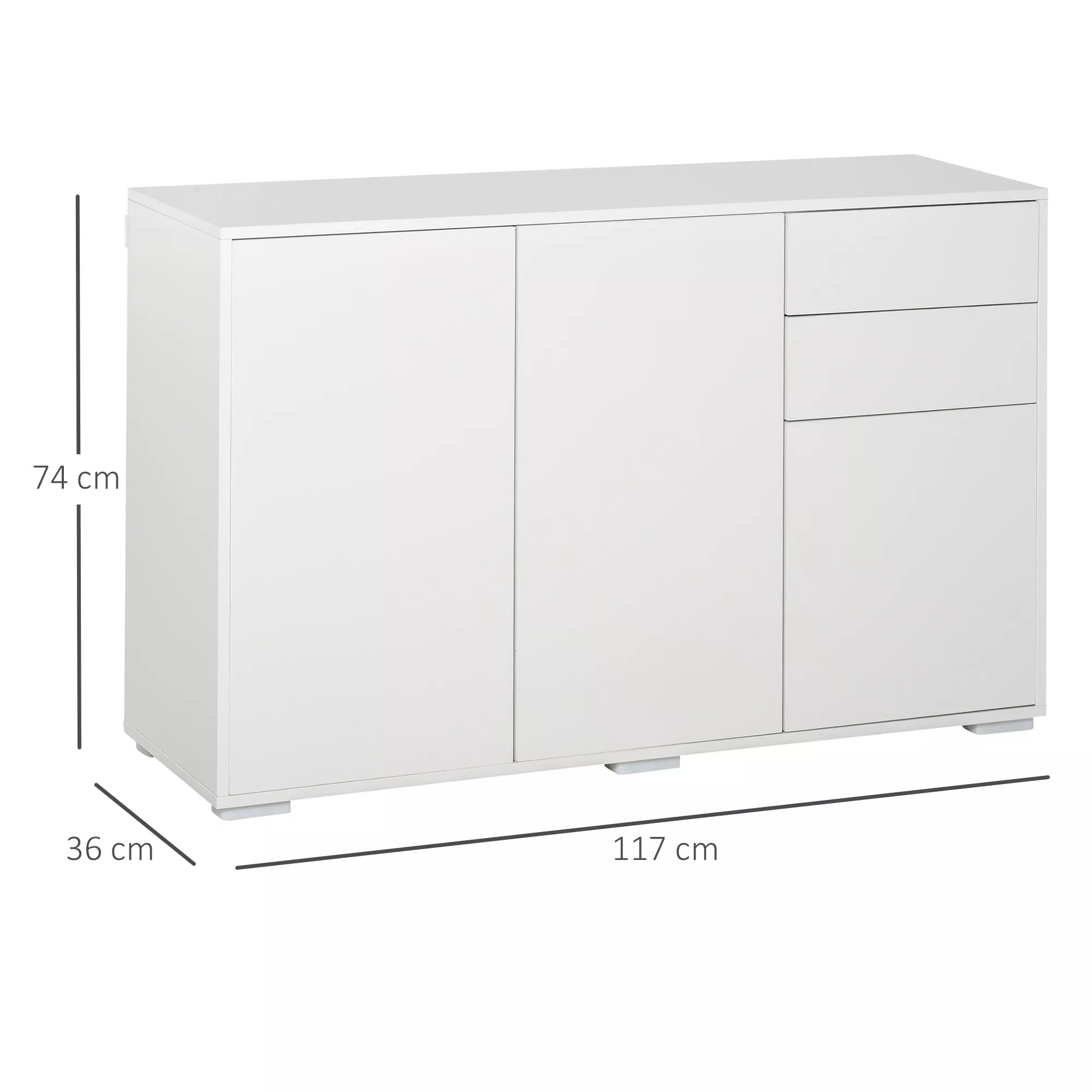 Bufetas Komoda, 2 stalčiai, „Push-Click“ sistema, 117 cm x 36 cm x 74 cm, balta
