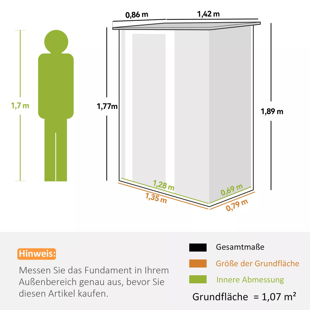Metalinis įrankių sandėliukas 1,07 m² 142 x 86 x 189 cm Įrankių sandėliukas su vienšlaičiu stogu Užrakinamos durys, atsparus atmosferos poveikiui Sodo namelis Lauko sodo sandėliukas kiemui Lauko erdvė Tamsiai pilkos spalvos