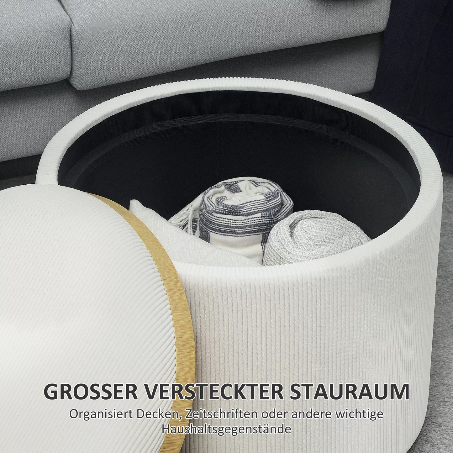 Laikymo pufas su vieta daiktams, apvalus, kojų atrama, kordas, MDF, kreminės baltos spalvos