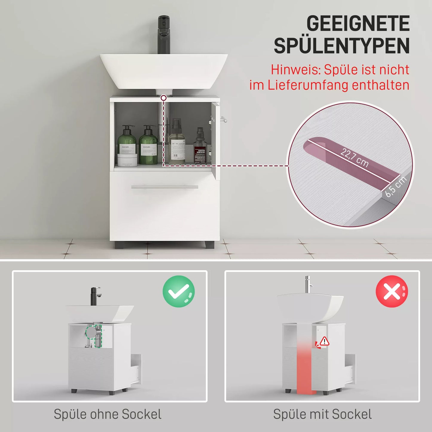 Vonios spintelė, praustuvo komoda su stalčiumi, kompaktiška, medžio drožlių plokštė, balta