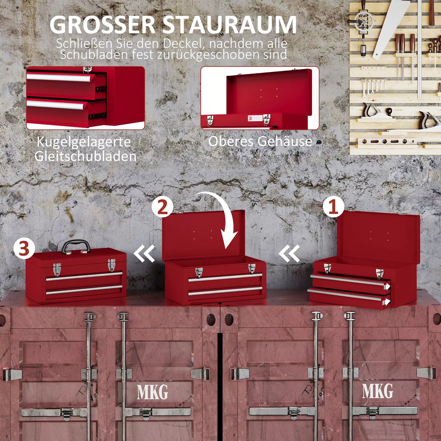 Įrankių dėžė su 2 stalčiais, viršutiniu skyriumi, plieniniais užraktais, rankena, 46x24x22 cm, Raudona