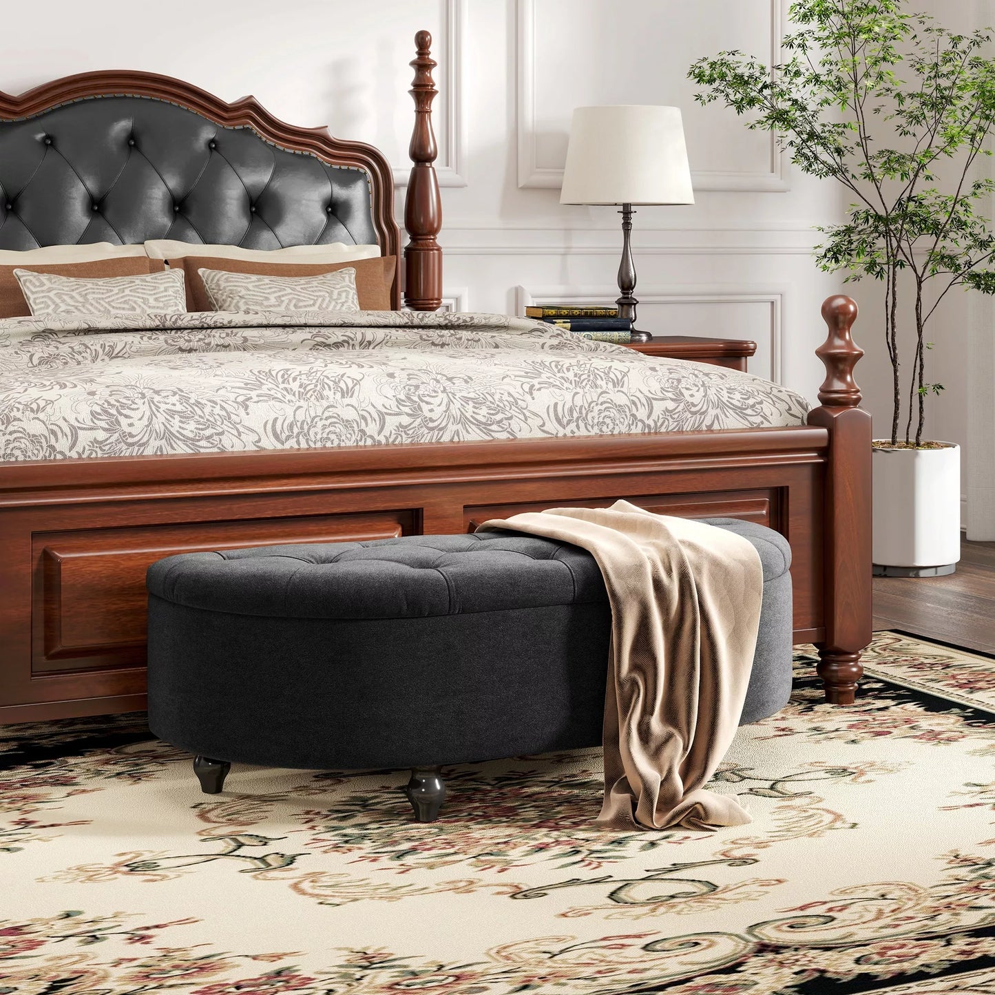 Pufas su daiktadėže, minkštas, lėtai užsidarantis dangtis, aksomo išvaizda, 120 x 46 x 42 cm, tamsiai pilkas