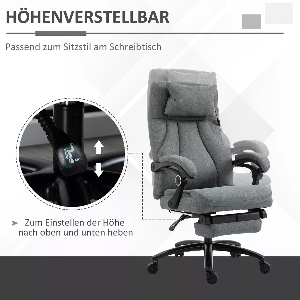 Biuro kėdė su masažo funkcija, aukščio reguliuojama vadovo kėdė, žaidimų kėdė su atlošu ir masažo funkcija, ergonomiška sukiojama kėdė, masažinė kėdė, lino tekstūra, pilka, 64 x 74 x 109–117 cm