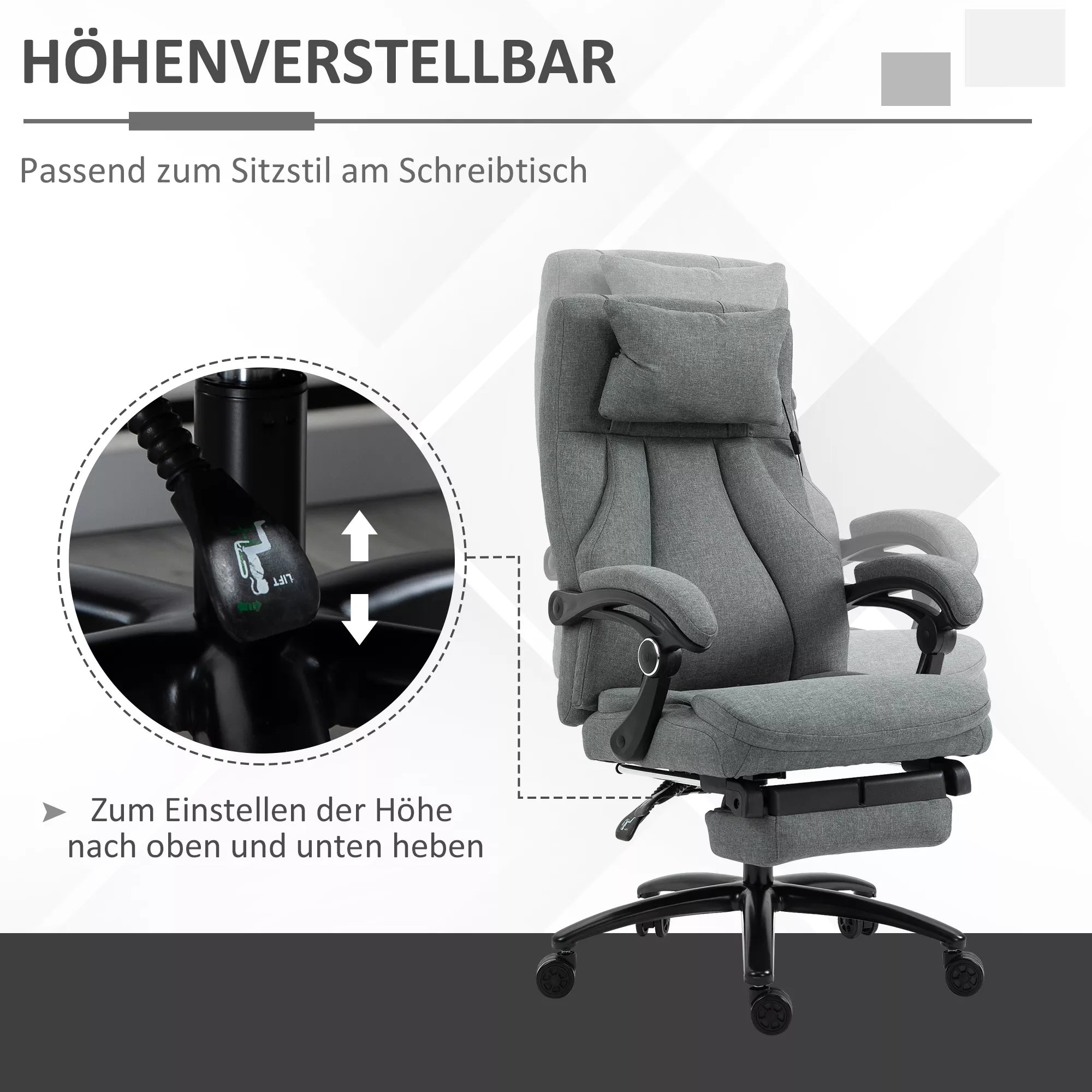 Biuro kėdė su masažo funkcija, aukščio reguliuojama vadovo kėdė, žaidimų kėdė su atlošu ir masažo funkcija, ergonomiška sukiojama kėdė, masažinė kėdė, lino tekstūra, pilka, 64 x 74 x 109–117 cm
