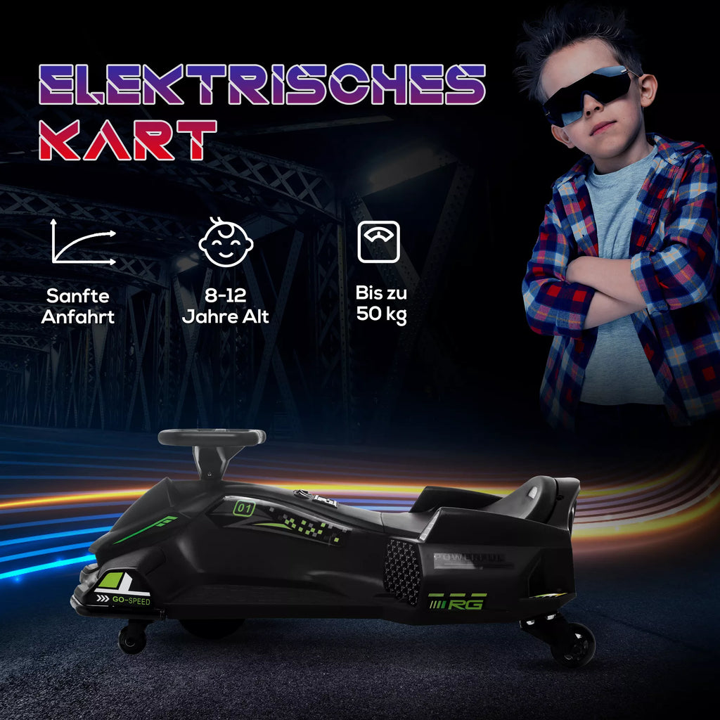HOMCOM Elektrinis kartingas vaikams, guminės padangos, 3-8 km/val, su šviesomis ir muzikos funkcija, juodas HOMCOM