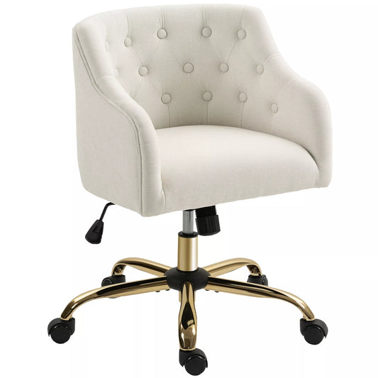 Paminkštinta biuro kėdė, rašomojo stalo kėdė su linine apdaila, auksinėmis kojomis, reguliuojamo aukščio, smėlio spalvos