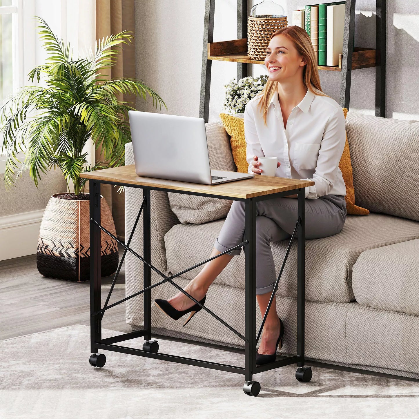 Sulankstomas rašomasis stalas su ratukais, taupantis vietą, plienas, MDF, ąžuolas