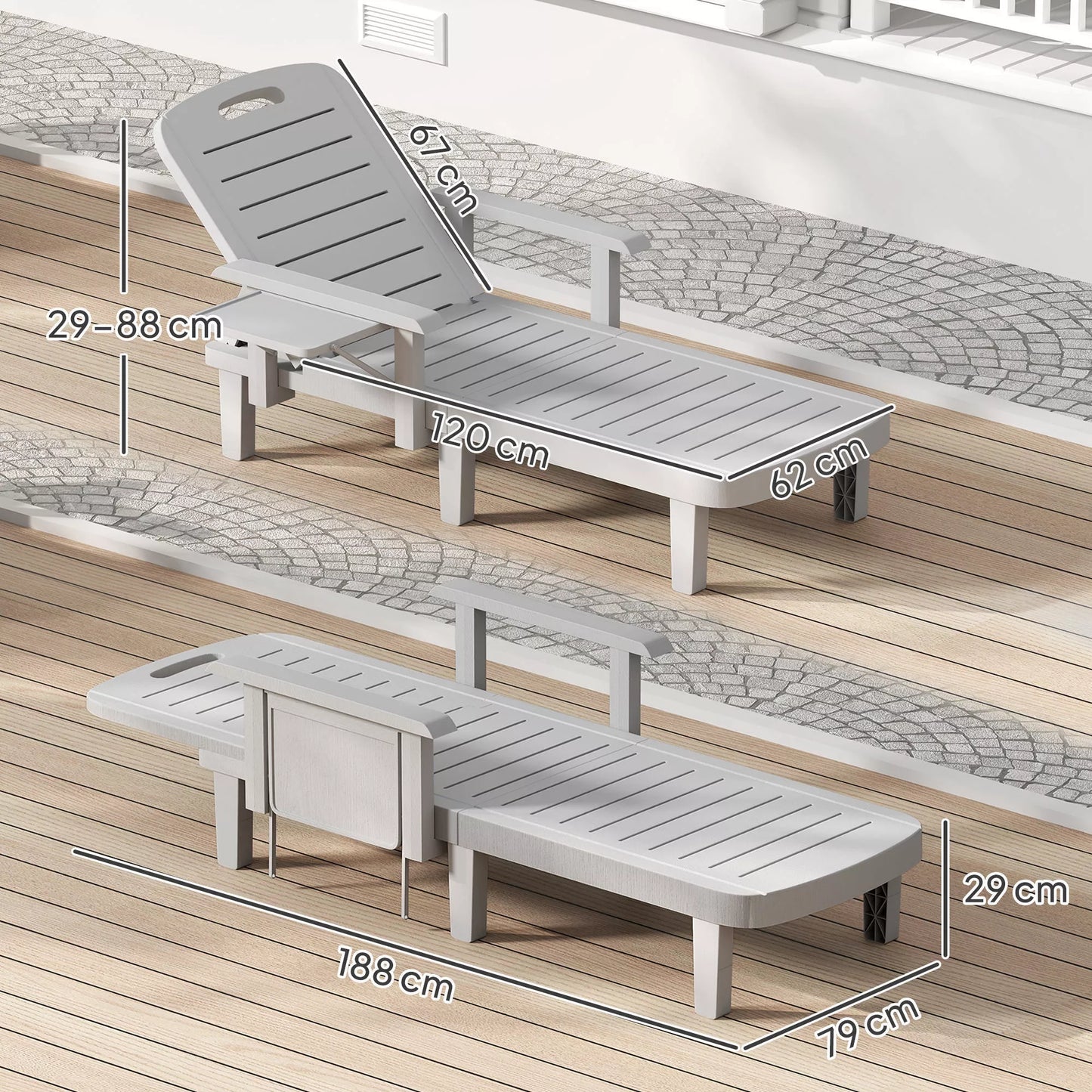 Saulės gultas Sodo gultas su šoniniu staliuku Medžio imitacijos gultas su 5 pakopų reguliuojamu atlošu Šviesiai pilkos spalvos