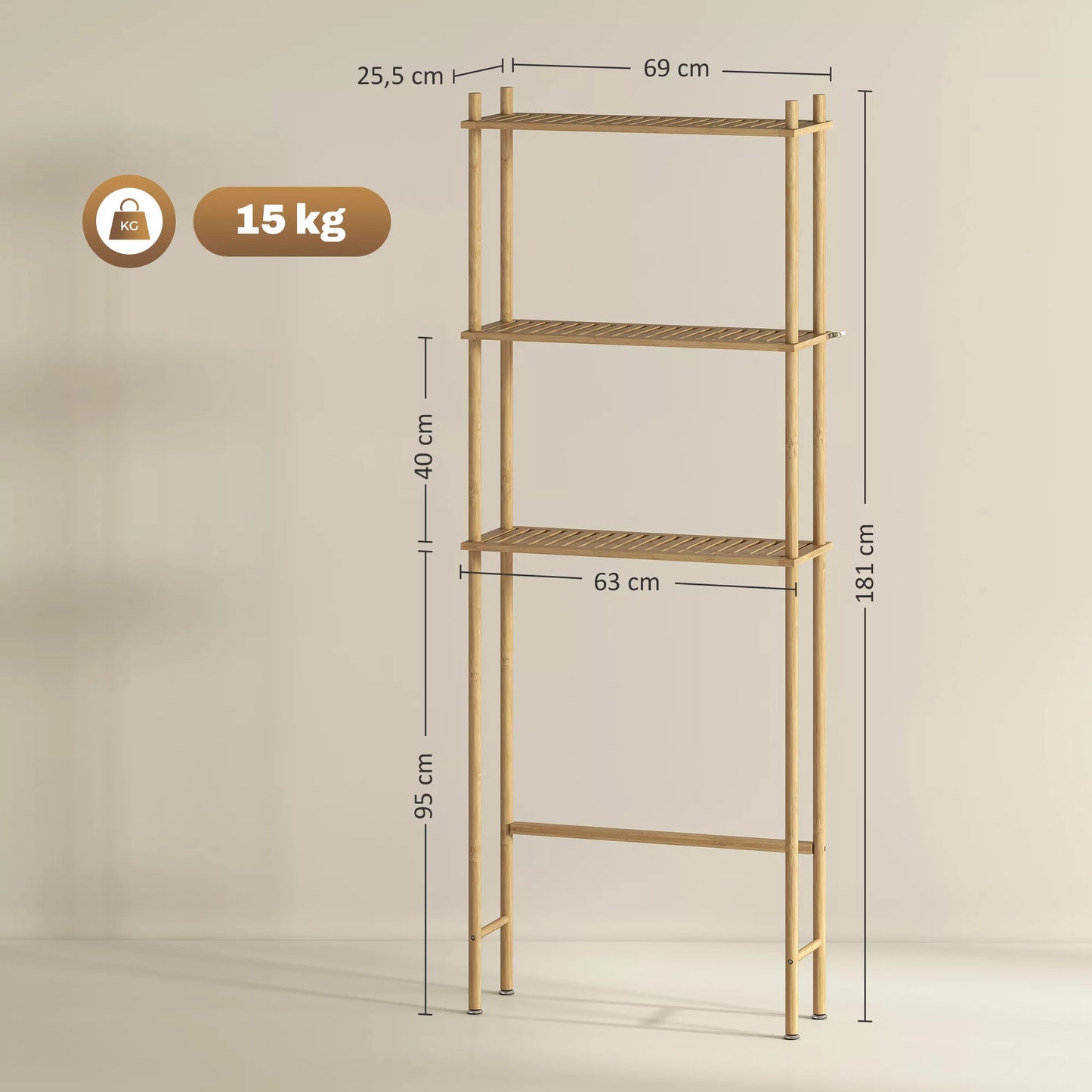 Tualeto lentyna 3 lygmenų Vonios lentyna, vietą taupantis natūralaus medžio 69 x 25,5 x 181 cm
