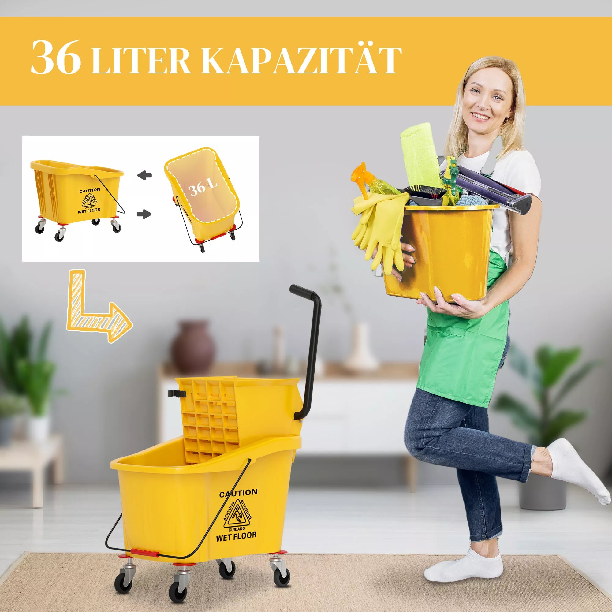 Valymo kibiras su ratukais, su šluotos išgręžimo įtaisu, šluotos laikikliu, 36 litrų talpos, plastikinis, geltonos spalvos