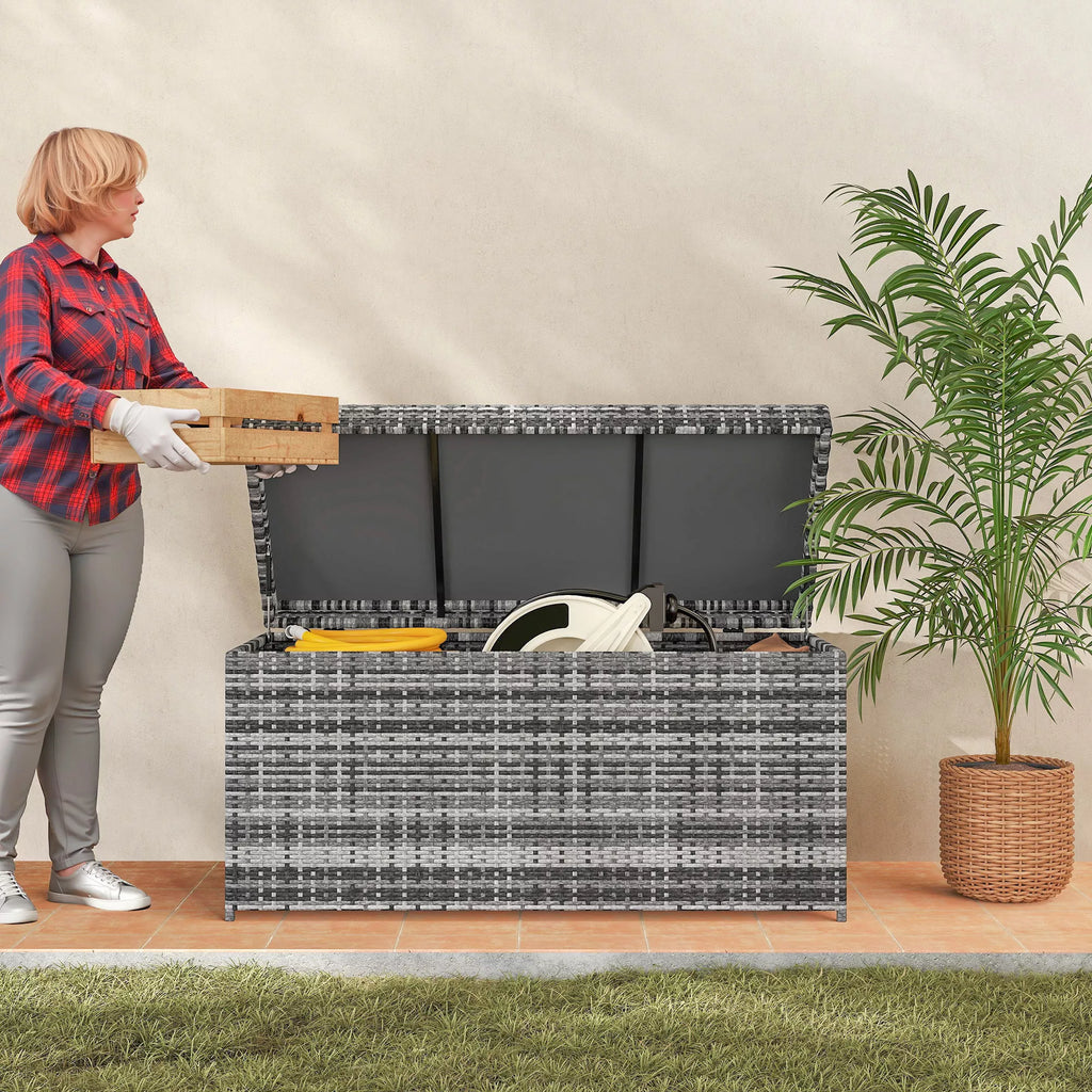 Rattan Auflagenbox 380L atsparus atmosferos poveikiui pagalvės dėžė su dangčiu Sandėliavimo erdvė Atsparus UV spinduliams 130 x 61 x 65 cm Tamsiai pilka