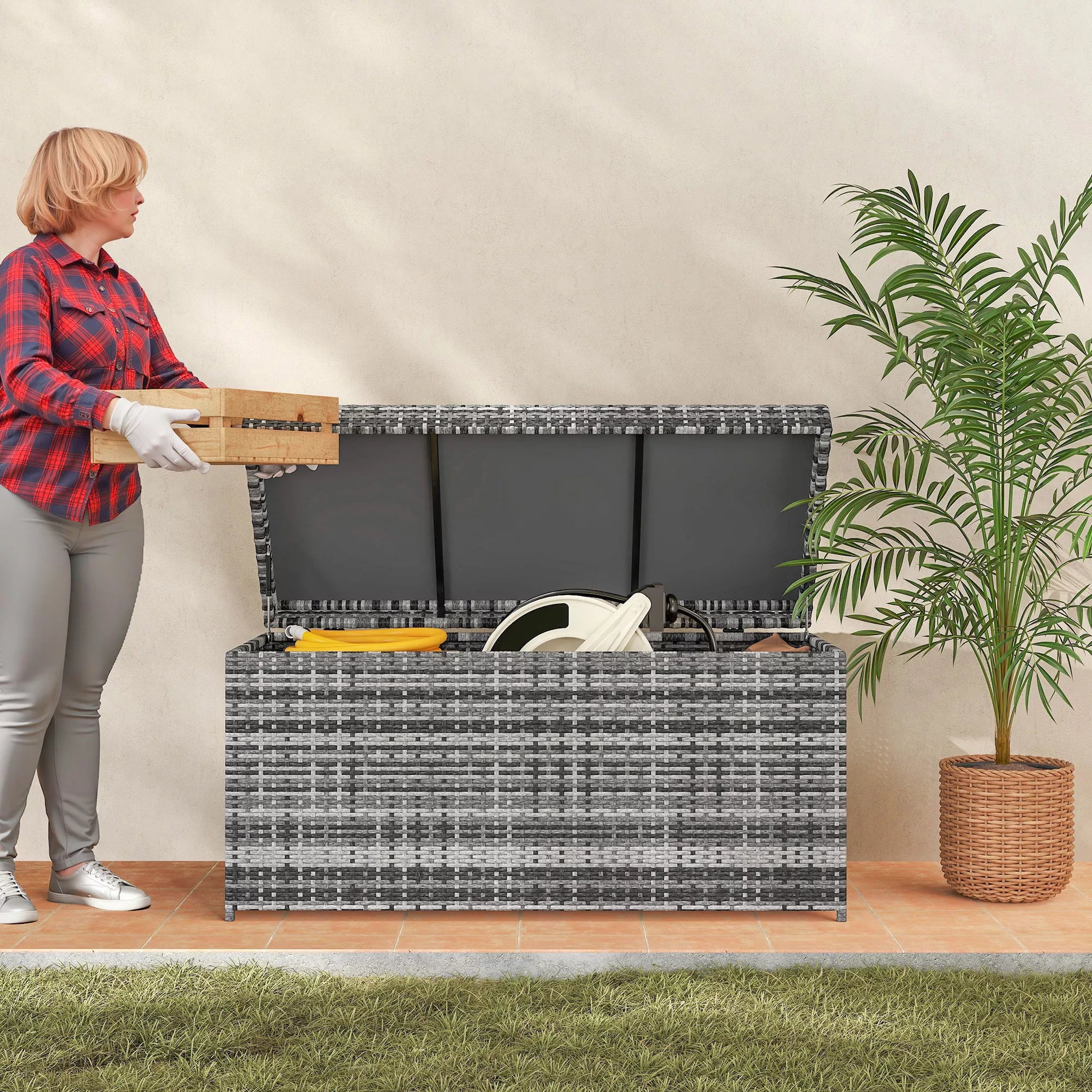Rattan Auflagenbox 380L atsparus atmosferos poveikiui pagalvės dėžė su dangčiu Sandėliavimo erdvė Atsparus UV spinduliams 130 x 61 x 65 cm Tamsiai pilka