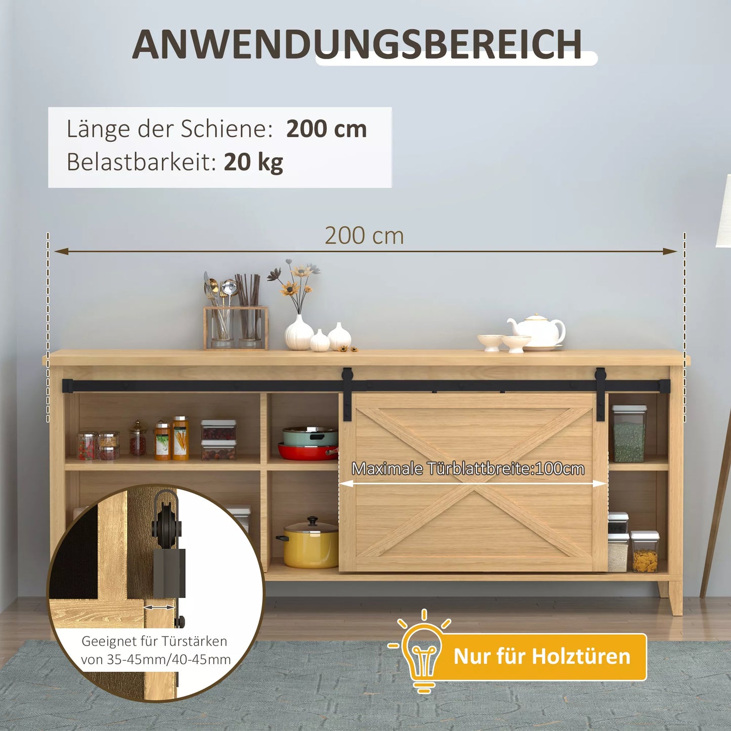 200 cm stumdomųjų durų komplektas su grindų kreipiančiąja, bėgeliais, voleliais, stumdomųjų durų sistema vienoms medinėms stumdomoms durims