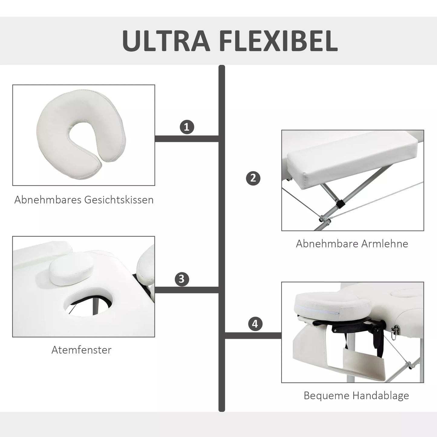 Nešiojama sulankstoma 3 zonų masažo kušetė su galvos atrama, atrama rankoms, transportavimo krepšiu, reguliuojamo aukščio aliumininė masažo kušetė, nešiojama, su priedais, iki 225 kg apkrovos, balta
