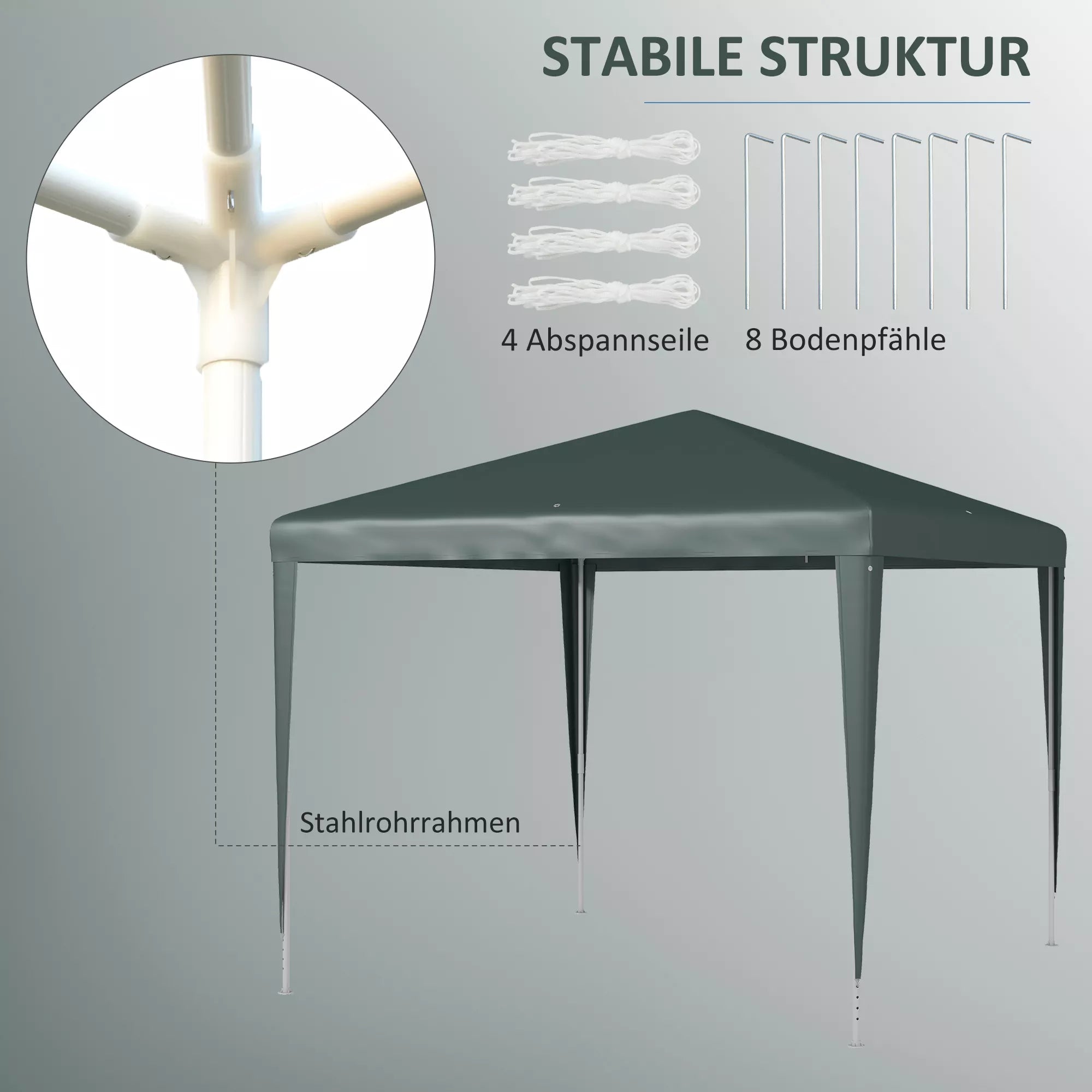 Paviljonas 2,7 x 2,7 m, greitas surinkimas su užfiksuojamuoju mechanizmu, nerūdijantis rėmas, tamsiai žalias
