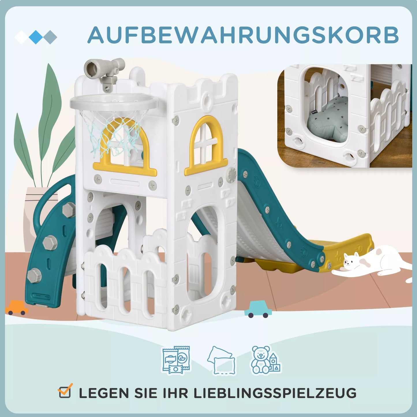 Vaikiška čiuožykla, 5 viename, čiuožykla mažyliams su krepšinio lanku, teleskopinė laipynė Geltona 70 x 177 x 92 cm