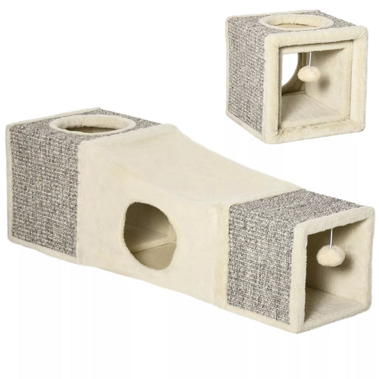 PawHut Katės tunelis, 2 katės nameliai, braižymo paviršiai ir kamuoliukų žaislas, 98 cm x 30 cm x 30 cm, Ruda + Smėlio spalva